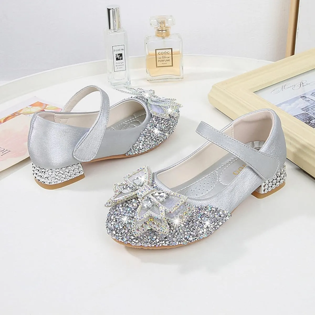Girls Dress Shoes Mary Jane Wedding Party Glitter Low Heel Bow Princess Flower Shoe for Toddler/Little Kid
