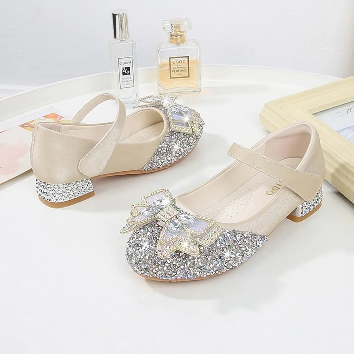 Girls Dress Shoes Mary Jane Wedding Party Glitter Low Heel Bow Princess Flower Shoe for Toddler/Little Kid