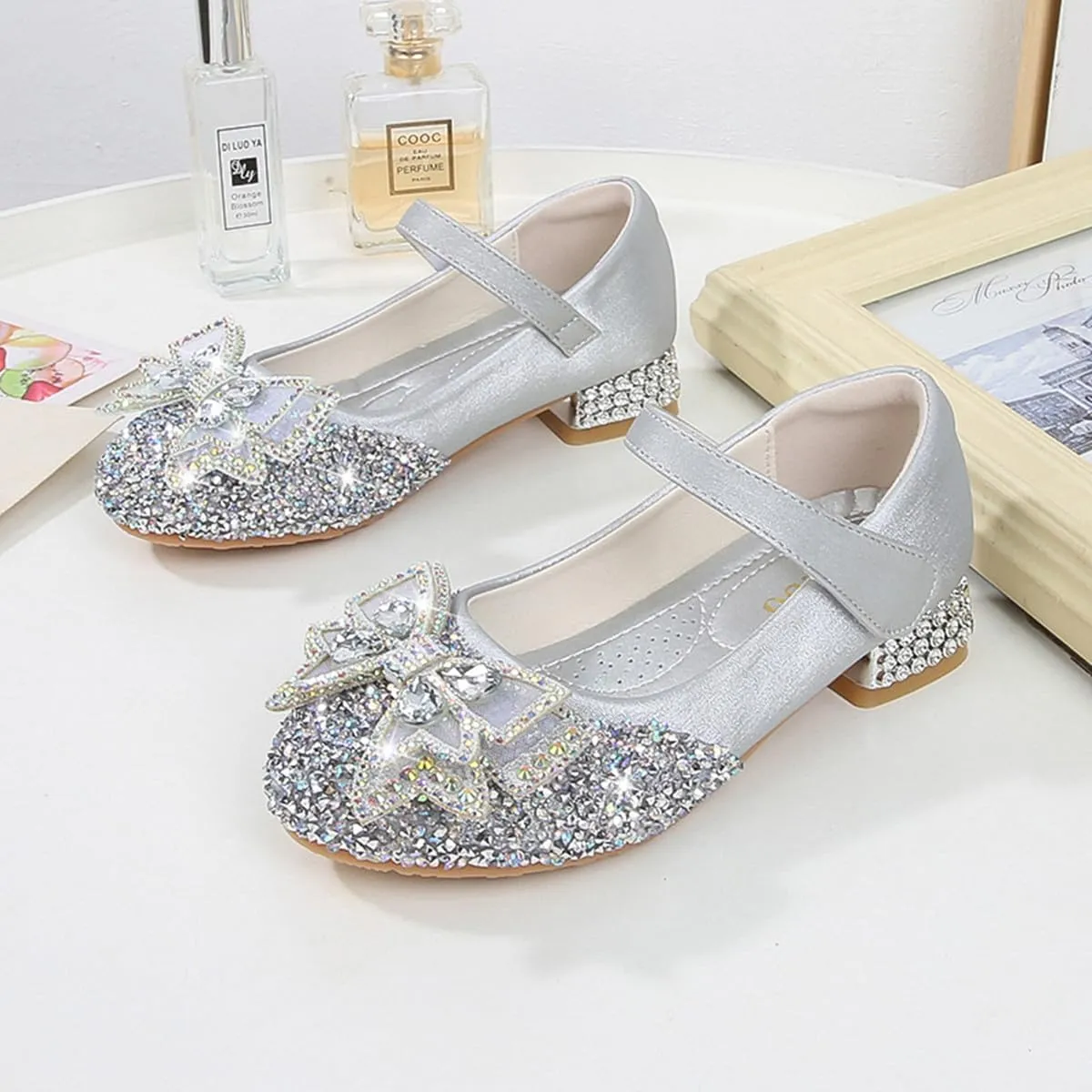 Girls Dress Shoes Mary Jane Wedding Party Glitter Low Heel Bow Princess Flower Shoe for Toddler/Little Kid