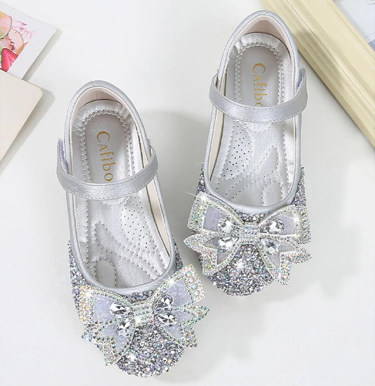 Girls Dress Shoes Mary Jane Wedding Party Glitter Low Heel Bow Princess Flower Shoe for Toddler/Little Kid