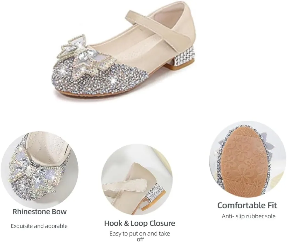 Girls Dress Shoes Mary Jane Wedding Party Glitter Low Heel Bow Princess Flower Shoe for Toddler/Little Kid