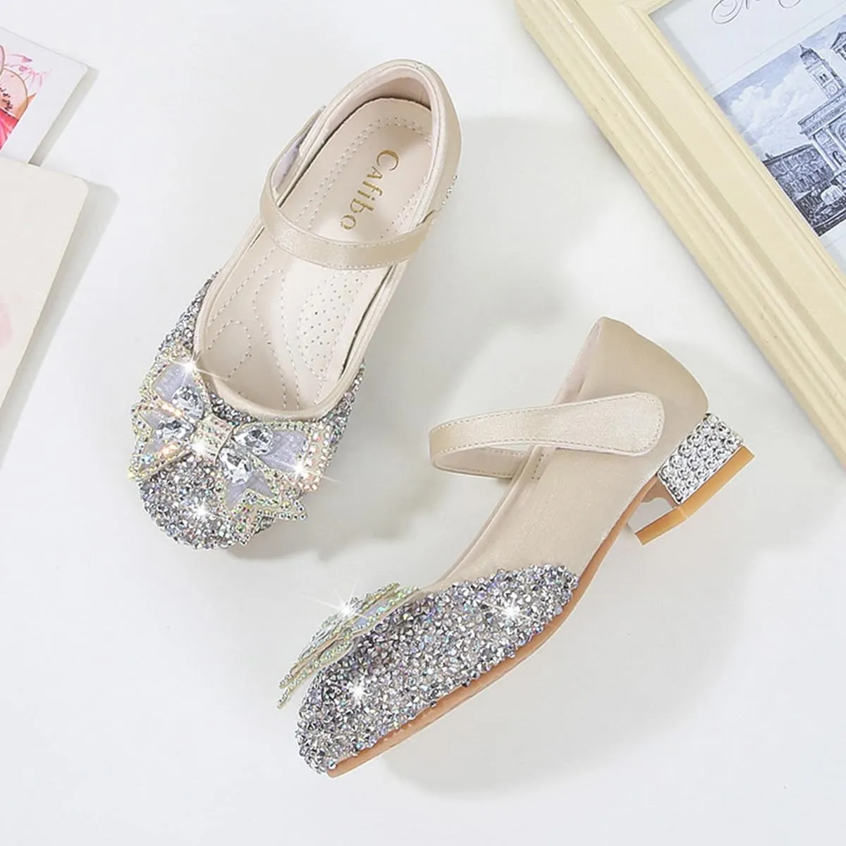 Girls Dress Shoes Mary Jane Wedding Party Glitter Low Heel Bow Princess Flower Shoe for Toddler/Little Kid