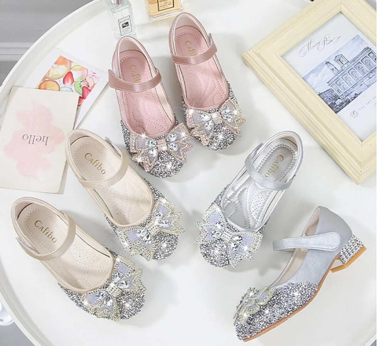 Girls Dress Shoes Mary Jane Wedding Party Glitter Low Heel Bow Princess Flower Shoe for Toddler/Little Kid