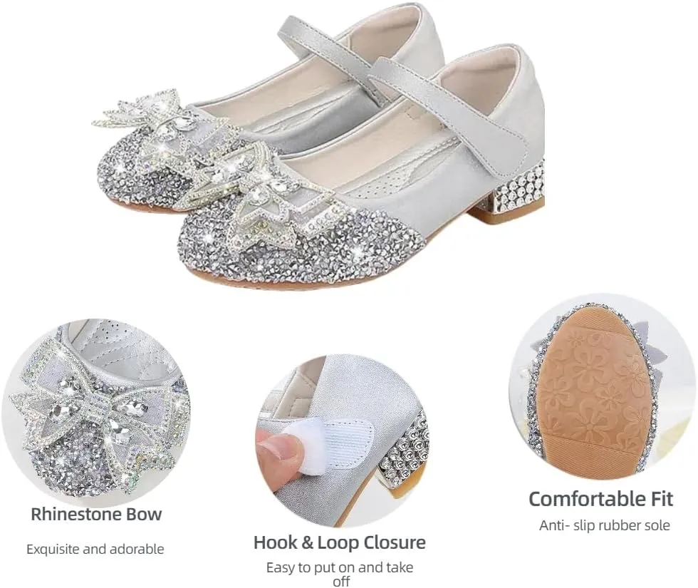 Girls Dress Shoes Mary Jane Wedding Party Glitter Low Heel Bow Princess Flower Shoe for Toddler/Little Kid
