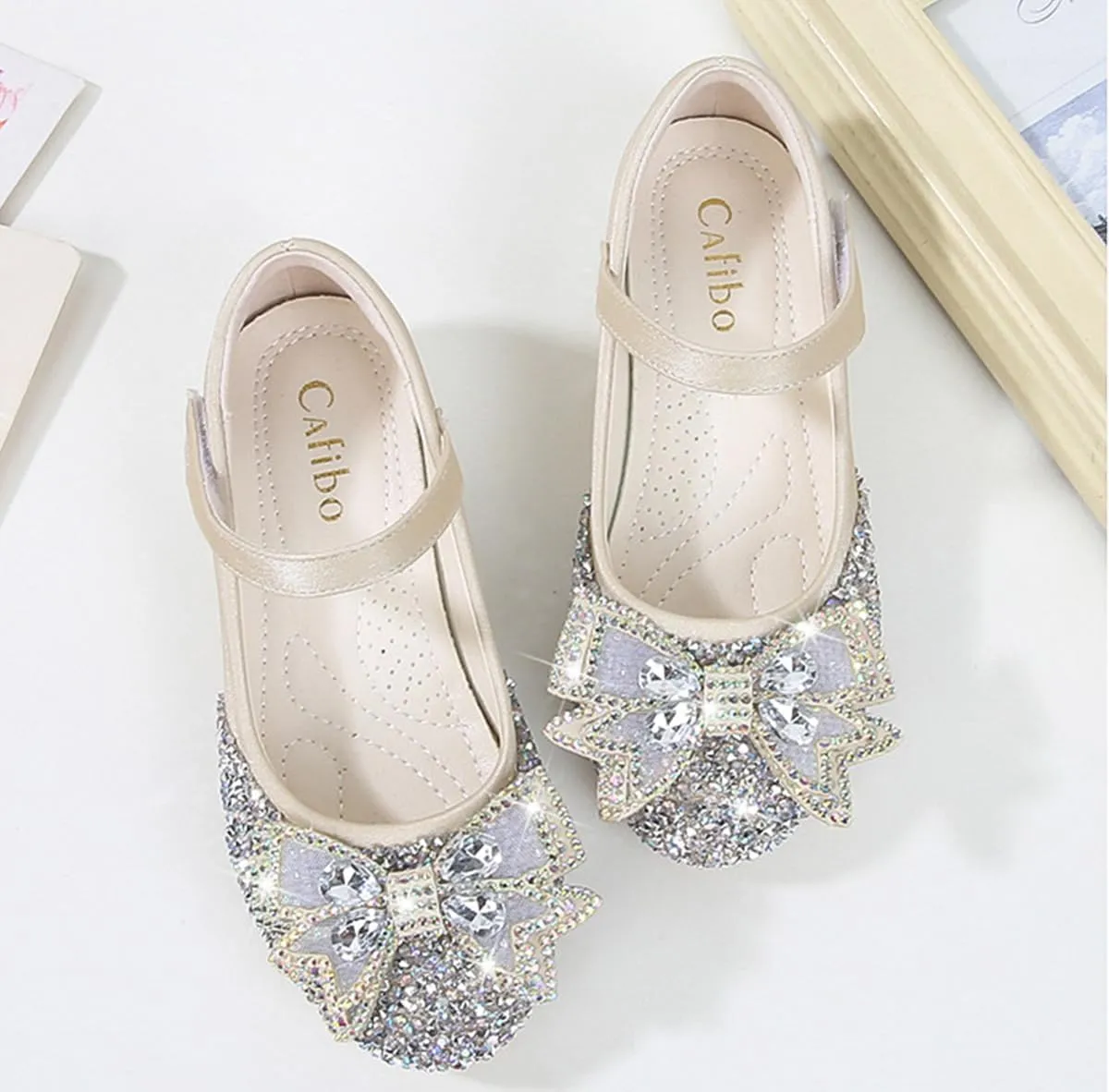 Girls Dress Shoes Mary Jane Wedding Party Glitter Low Heel Bow Princess Flower Shoe for Toddler/Little Kid