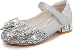 Girls Dress Shoes Mary Jane Wedding Party Glitter Low Heel Bow Princess Flower Shoe for Toddler/Little Kid