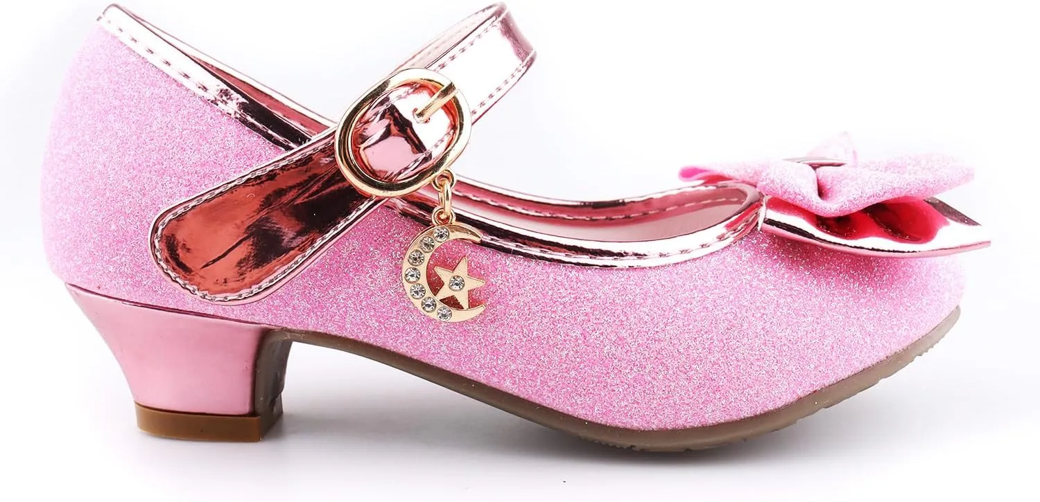 Girls Dress Shoes Mary Jane Wedding Party Heel Glitter Bow Princess Flower Shoes for Kid Toddler