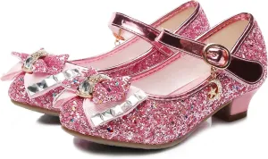 Girls Dress Shoes Mary Jane Wedding Party Heel Glitter Bow Princess Flower Shoes for Kid Toddler