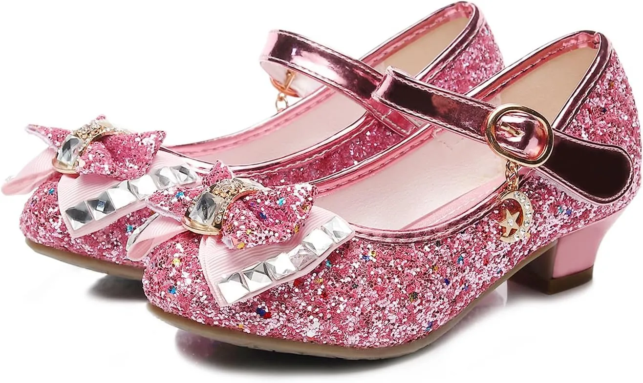Girls Dress Shoes Mary Jane Wedding Party Heel Glitter Bow Princess Flower Shoes for Kid Toddler