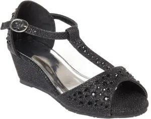Girls Glitter and Rhinestone Open Toe Wedge Heel (Toddler/Little Girl)