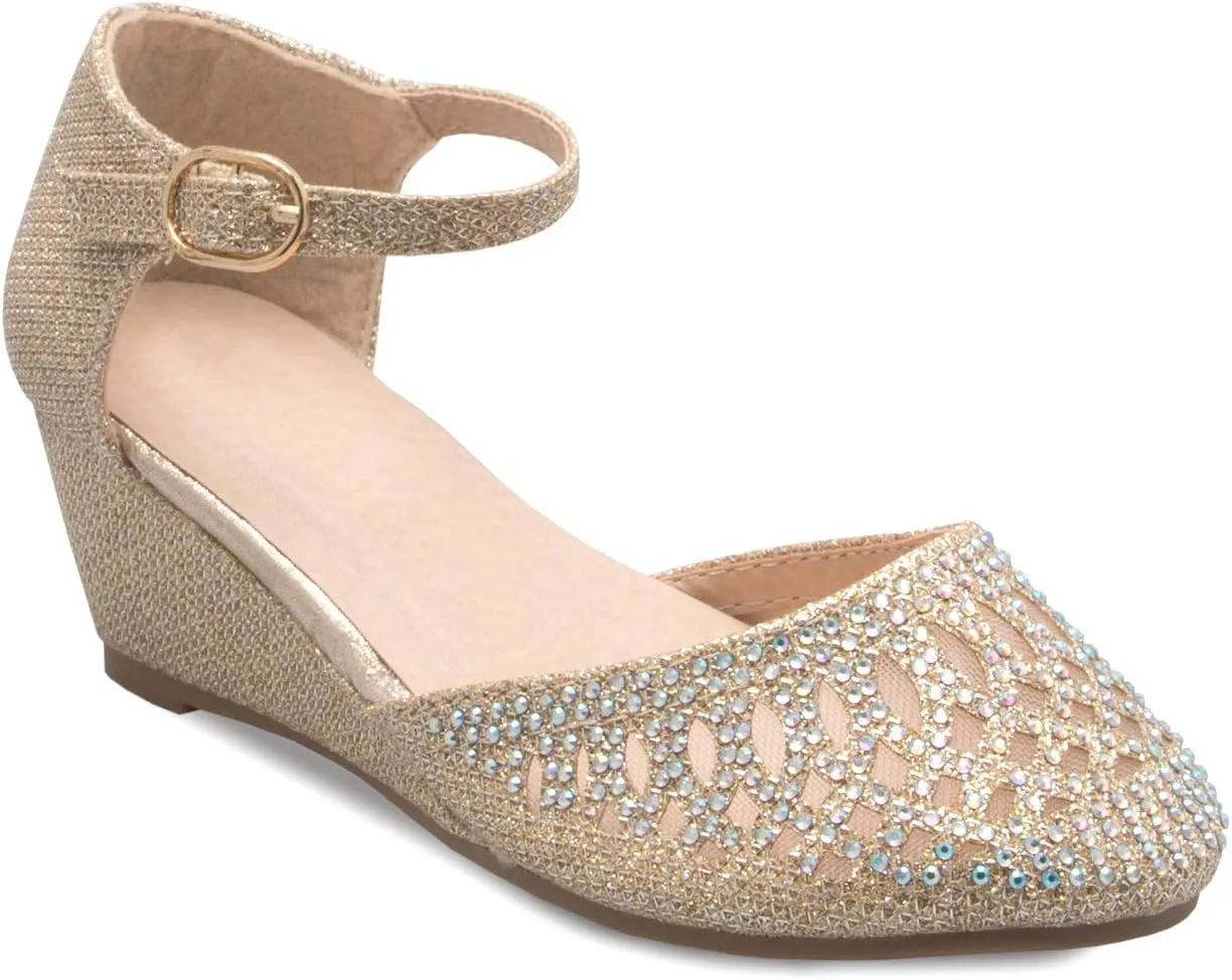 Girls Glitter and Rhinestone Open Toe Wedge Heel (Toddler/Little Girl)