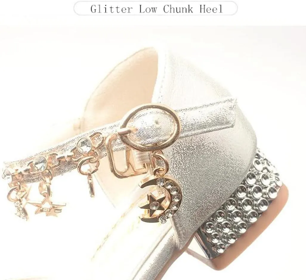 Girl's Glitter Ballerina Mary Jane Low Heel Wedding Bridesmaids Party School Princess Flower Dress Shoes for Kid Toddler