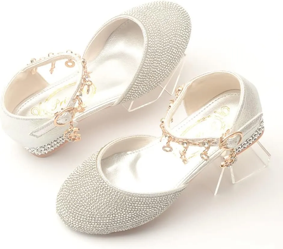 Girl's Glitter Ballerina Mary Jane Low Heel Wedding Bridesmaids Party School Princess Flower Dress Shoes for Kid Toddler