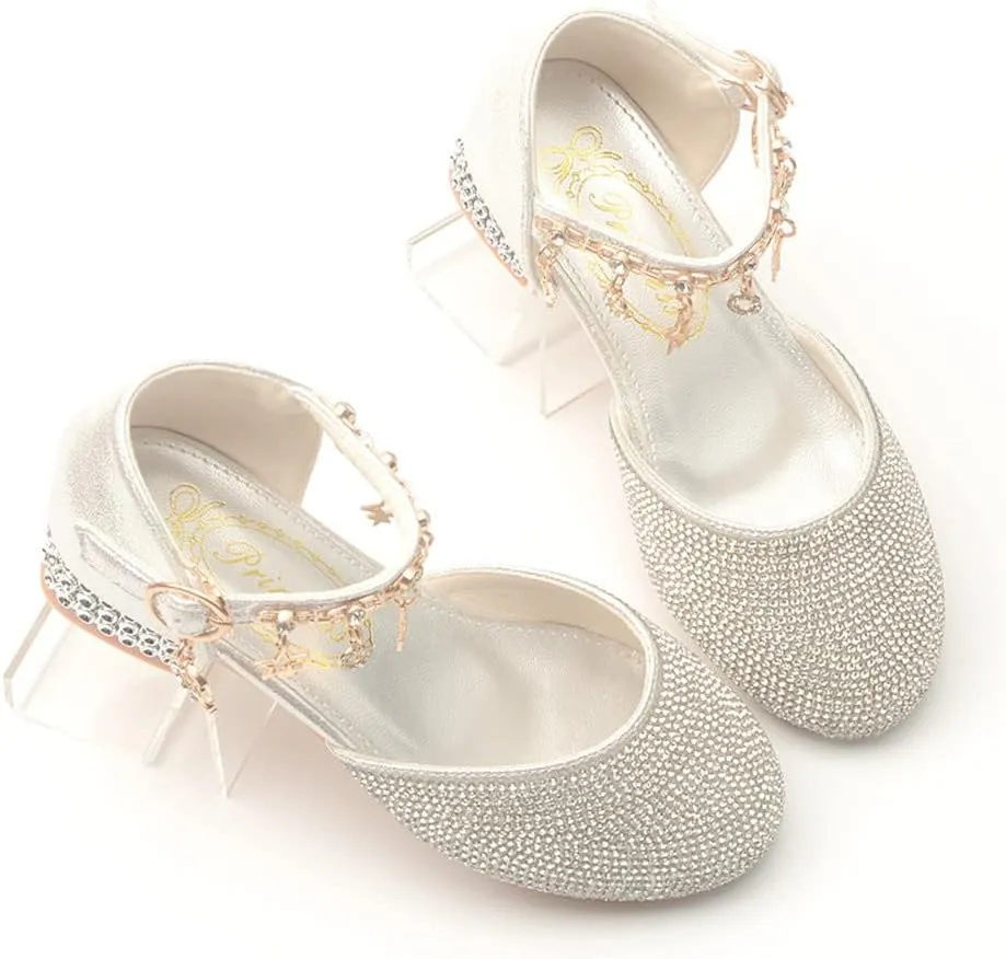 Girl's Glitter Ballerina Mary Jane Low Heel Wedding Bridesmaids Party School Princess Flower Dress Shoes for Kid Toddler