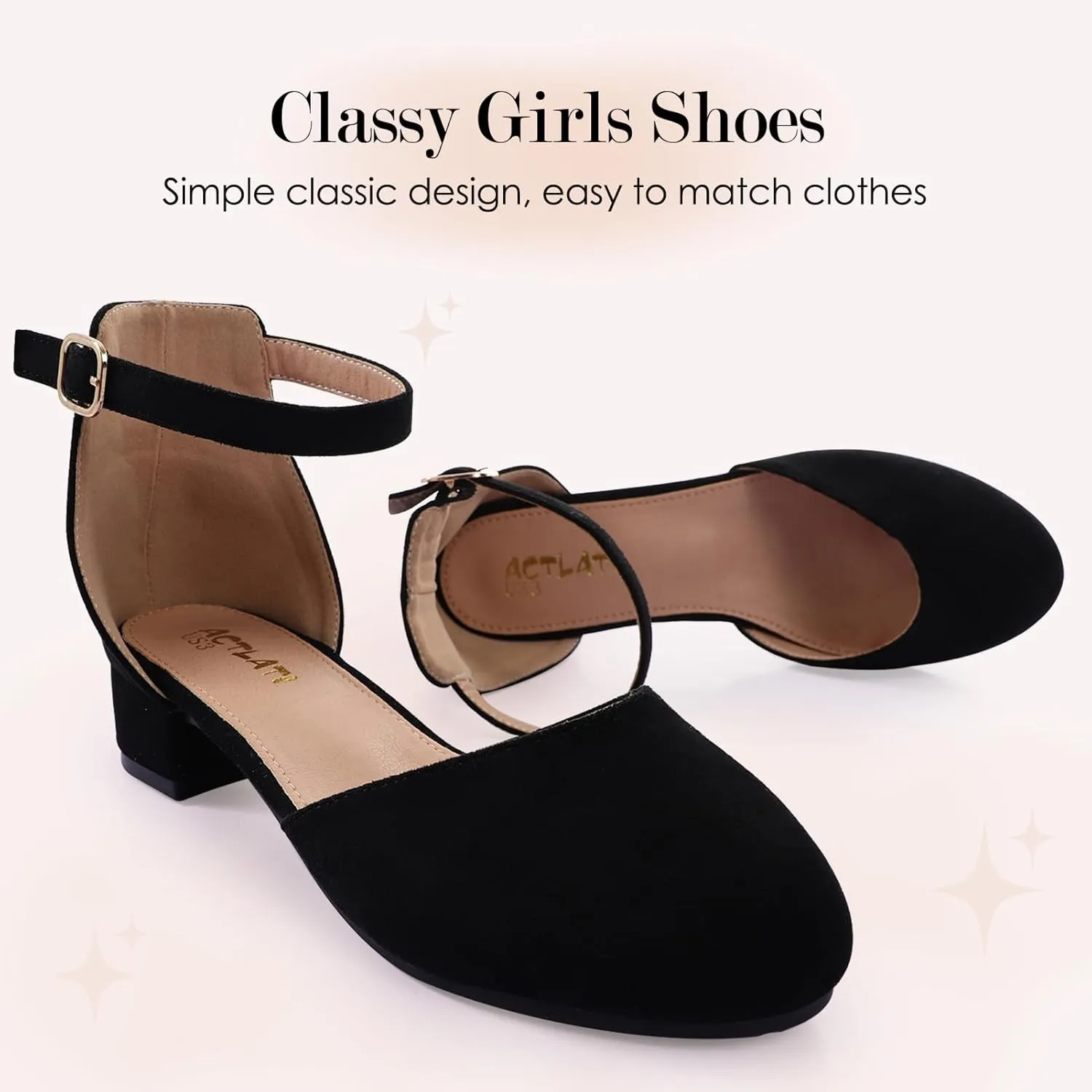 Girls Glitter Dress Shoes - Closed Toe Chunky High Heels with Ankle Strap for Weddings, Parties, and Special Occasions (Big Kid)