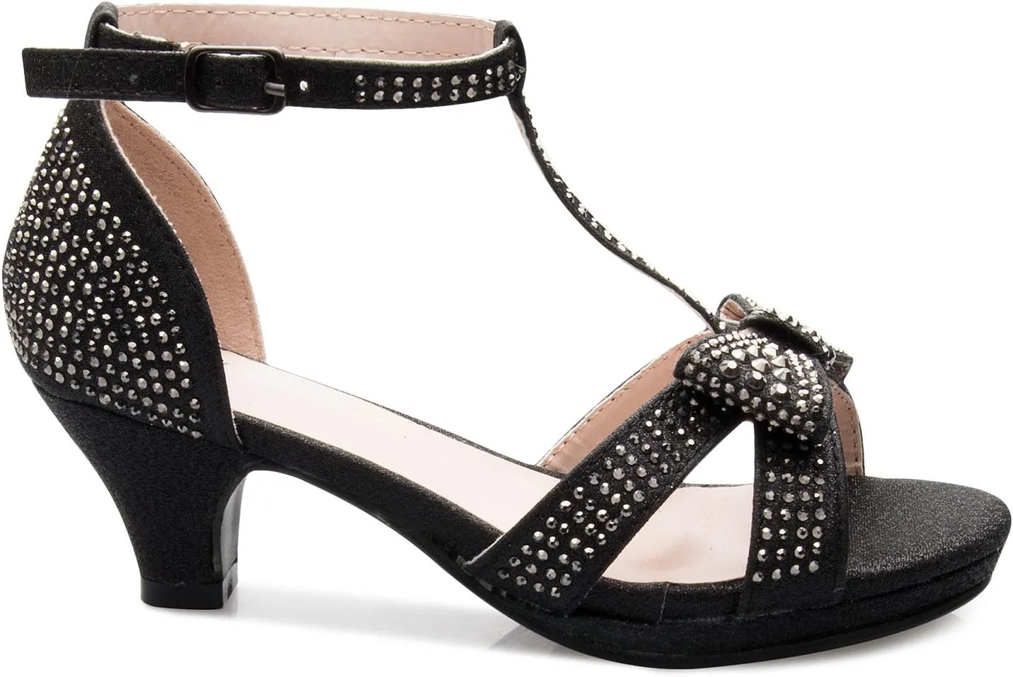 Girl's Glitter Leatherette Open Toe Strappy Ankle T Strap Kitten Heel Sandal (Toddler/Little Girl)