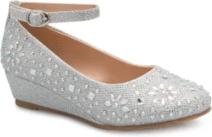 Girl's Low Wedge Heel Ankle Strap Sparkly Rhinestone Shoes (Toddler/Little Girl)
