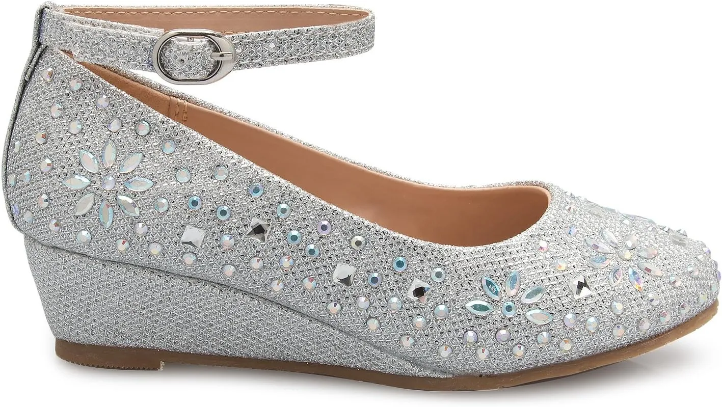 Girl's Low Wedge Heel Ankle Strap Sparkly Rhinestone Shoes (Toddler/Little Girl)