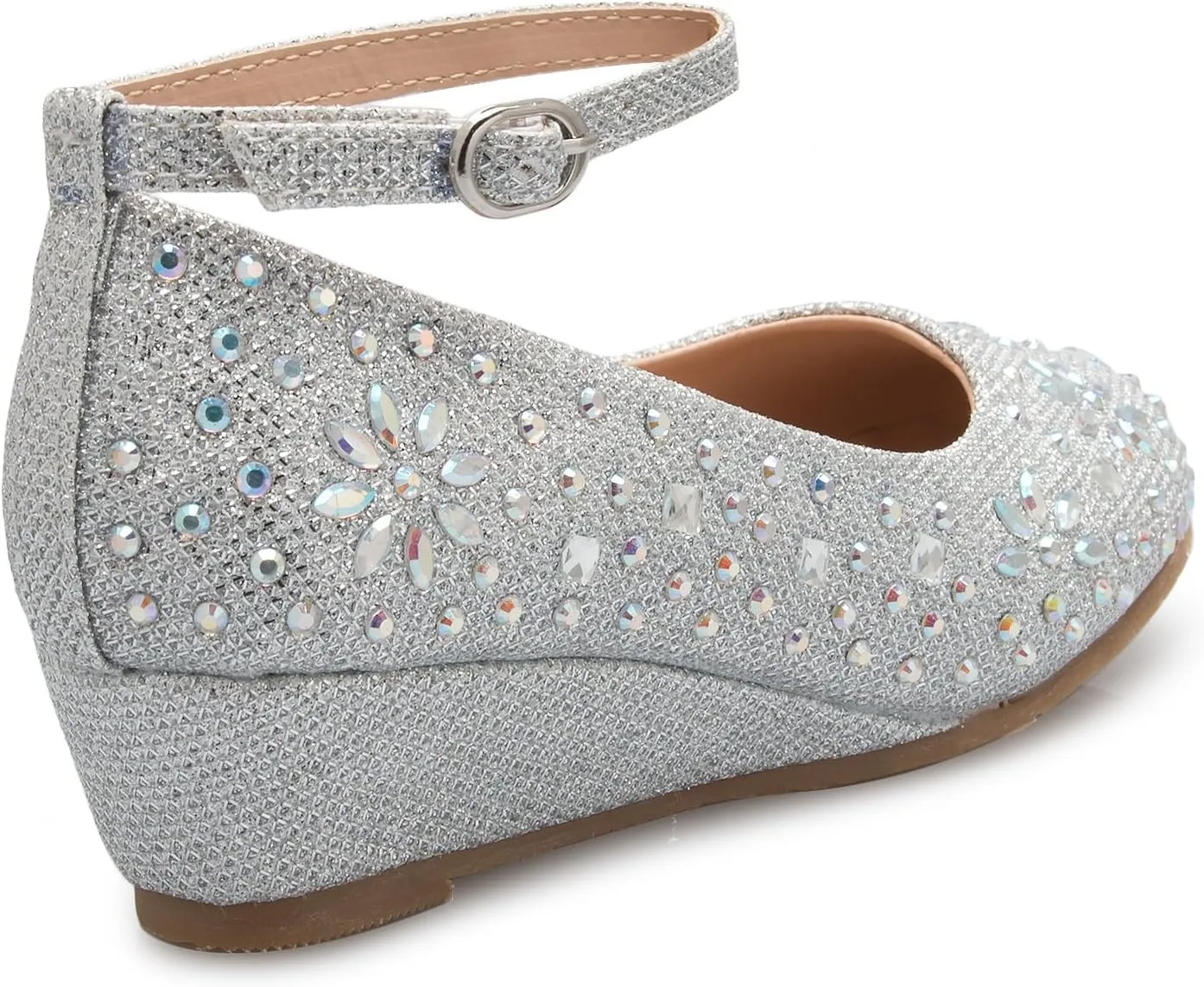 Girl's Low Wedge Heel Ankle Strap Sparkly Rhinestone Shoes (Toddler/Little Girl)