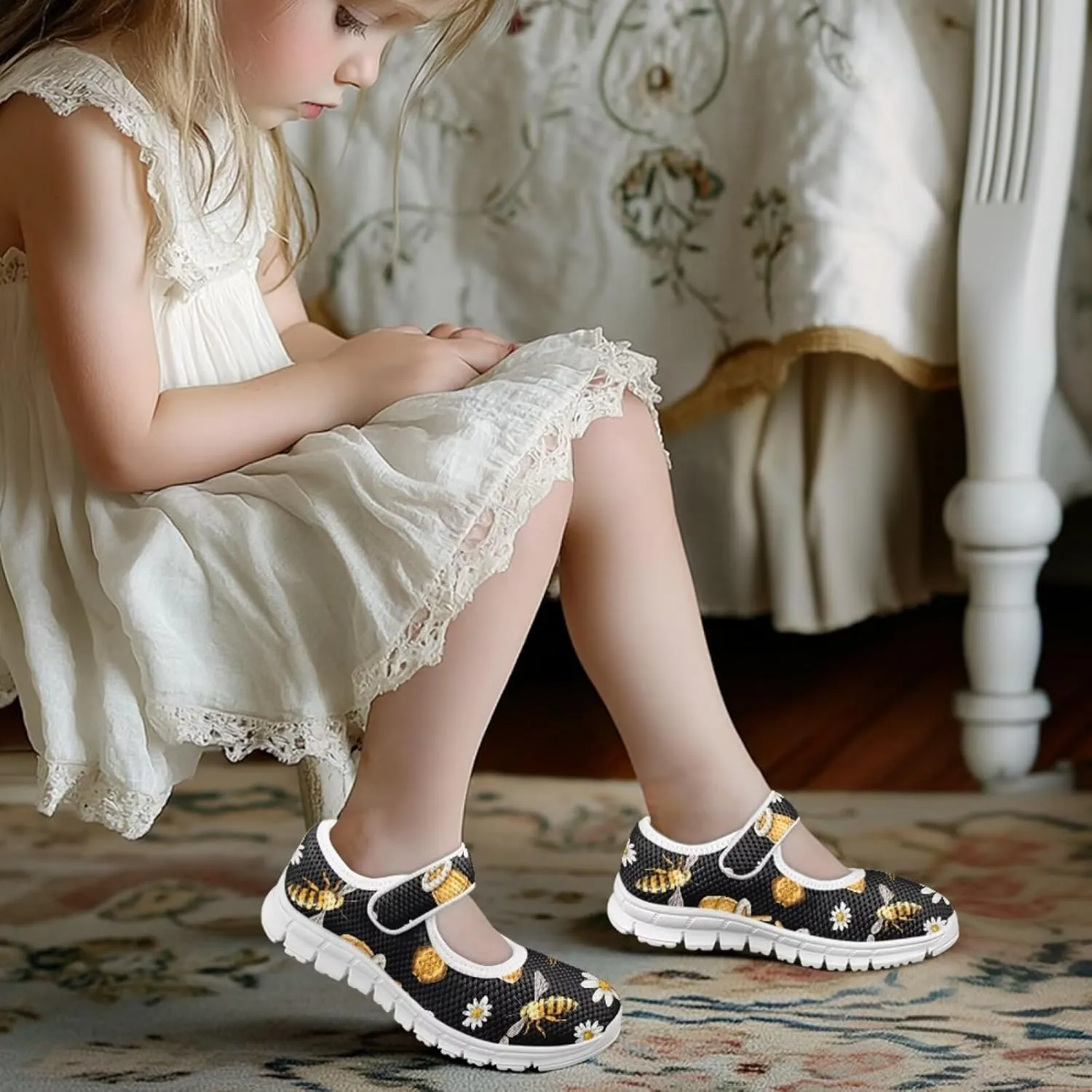 Girls Mary Jane Shoes Honey Bee Mesh Shoes Laceless Ladybug Athletic Low Cut Sneakers with Magic Sticker Slip On Casual Dress Clothes Shoe