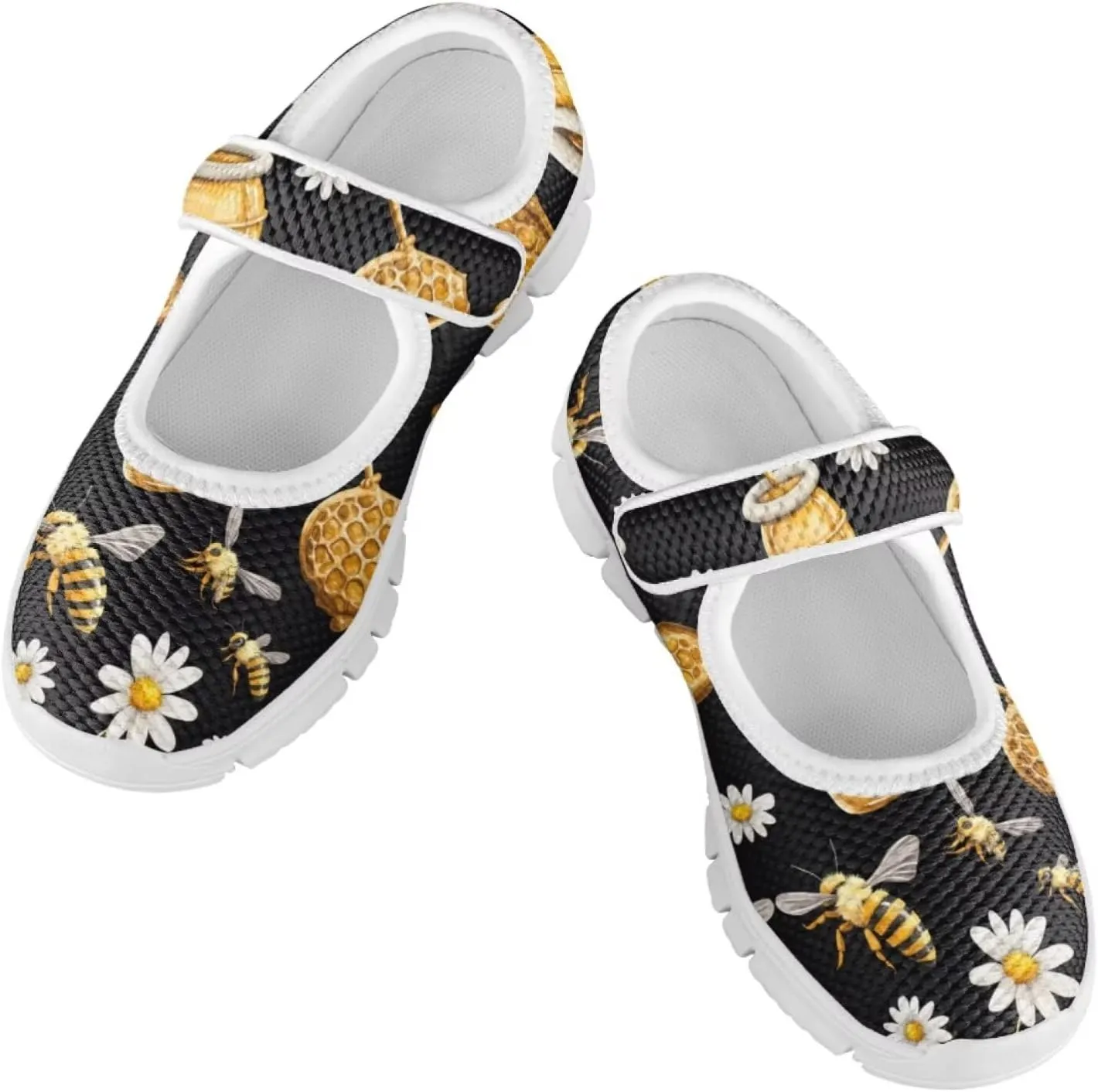 Girls Mary Jane Shoes Honey Bee Mesh Shoes Laceless Ladybug Athletic Low Cut Sneakers with Magic Sticker Slip On Casual Dress Clothes Shoe