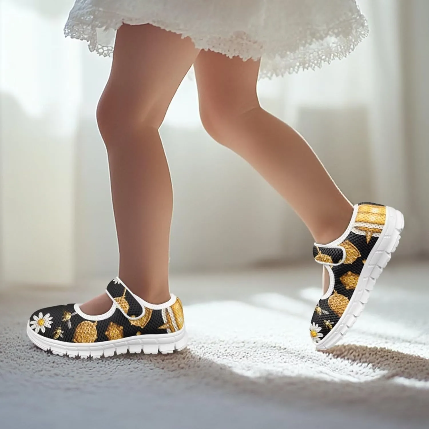 Girls Mary Jane Shoes Honey Bee Mesh Shoes Laceless Ladybug Athletic Low Cut Sneakers with Magic Sticker Slip On Casual Dress Clothes Shoe