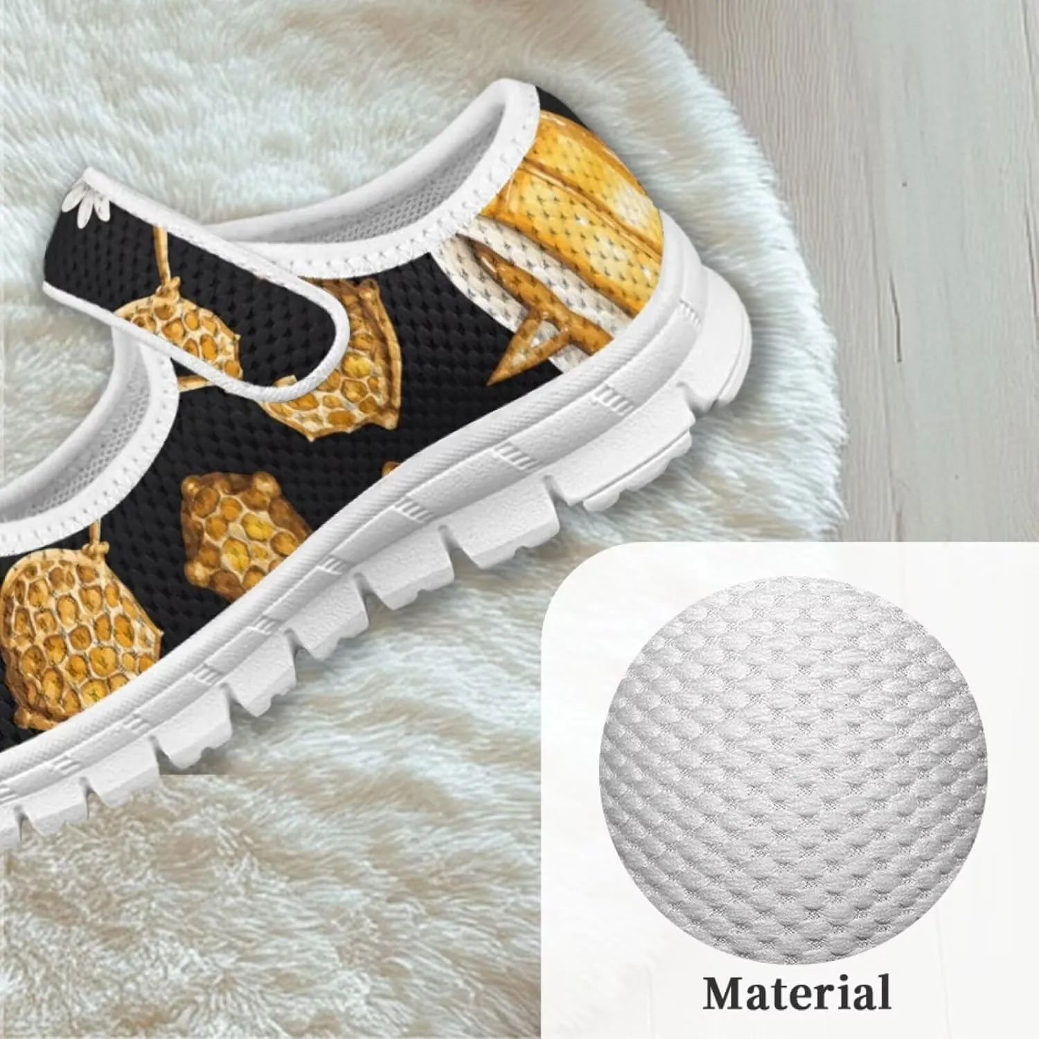 Girls Mary Jane Shoes Honey Bee Mesh Shoes Laceless Ladybug Athletic Low Cut Sneakers with Magic Sticker Slip On Casual Dress Clothes Shoe