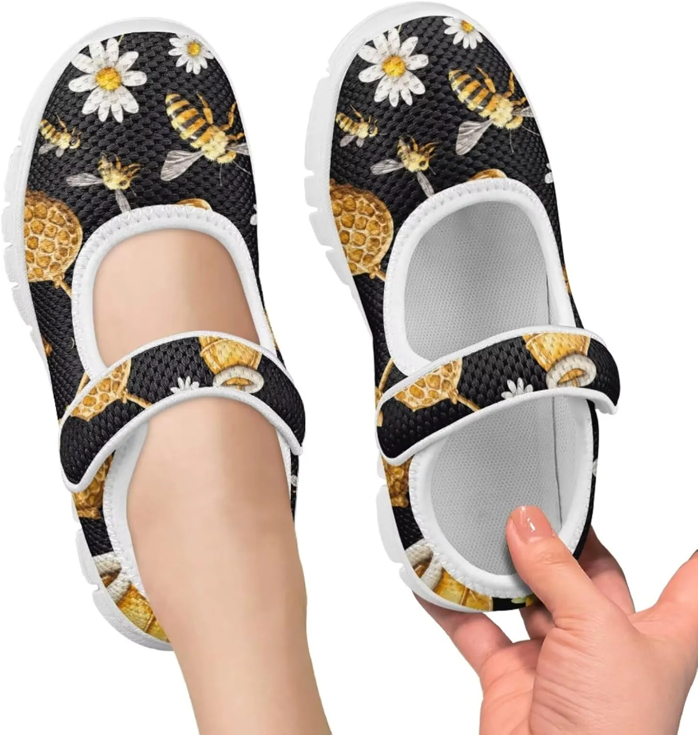 Girls Mary Jane Shoes Honey Bee Mesh Shoes Laceless Ladybug Athletic Low Cut Sneakers with Magic Sticker Slip On Casual Dress Clothes Shoe