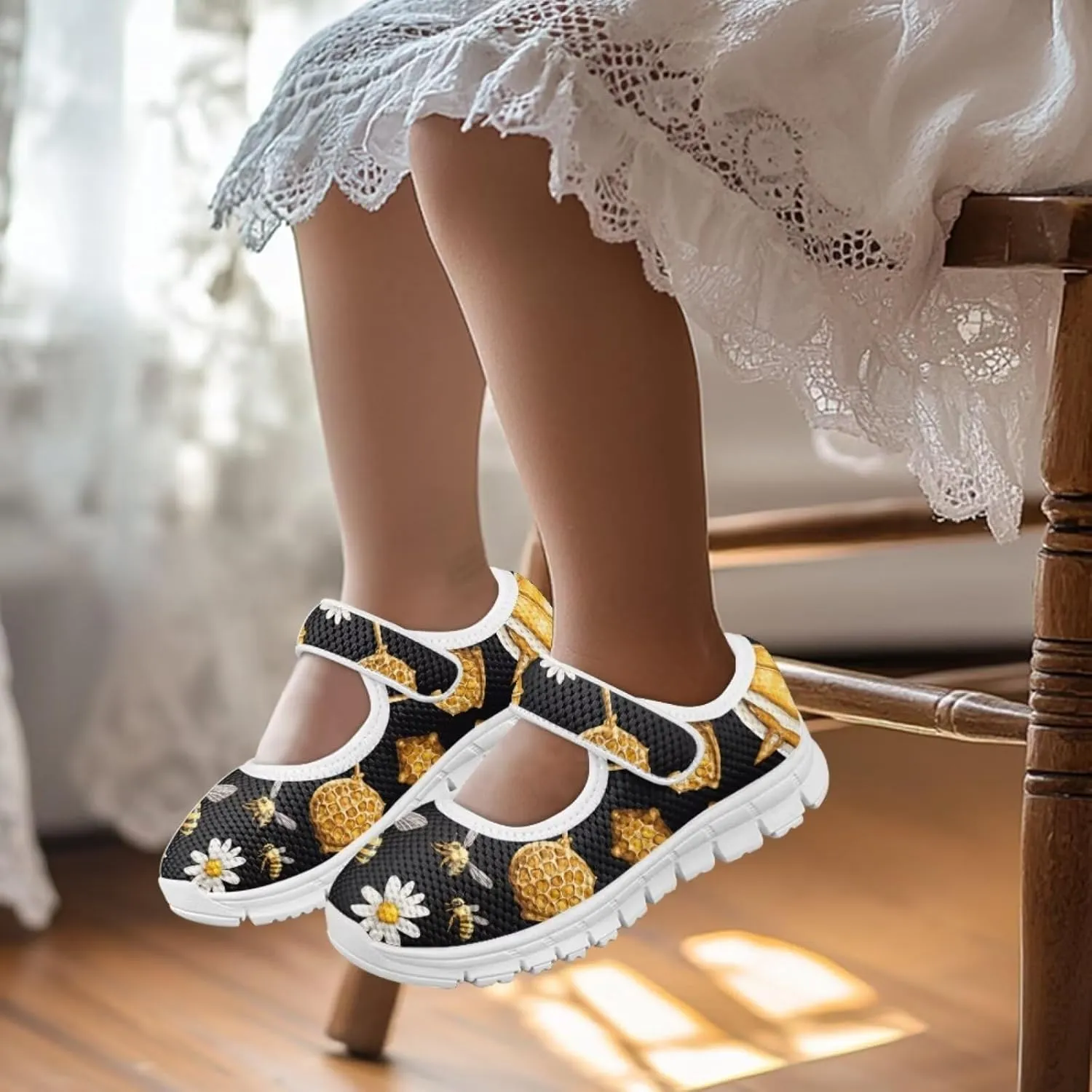 Girls Mary Jane Shoes Honey Bee Mesh Shoes Laceless Ladybug Athletic Low Cut Sneakers with Magic Sticker Slip On Casual Dress Clothes Shoe