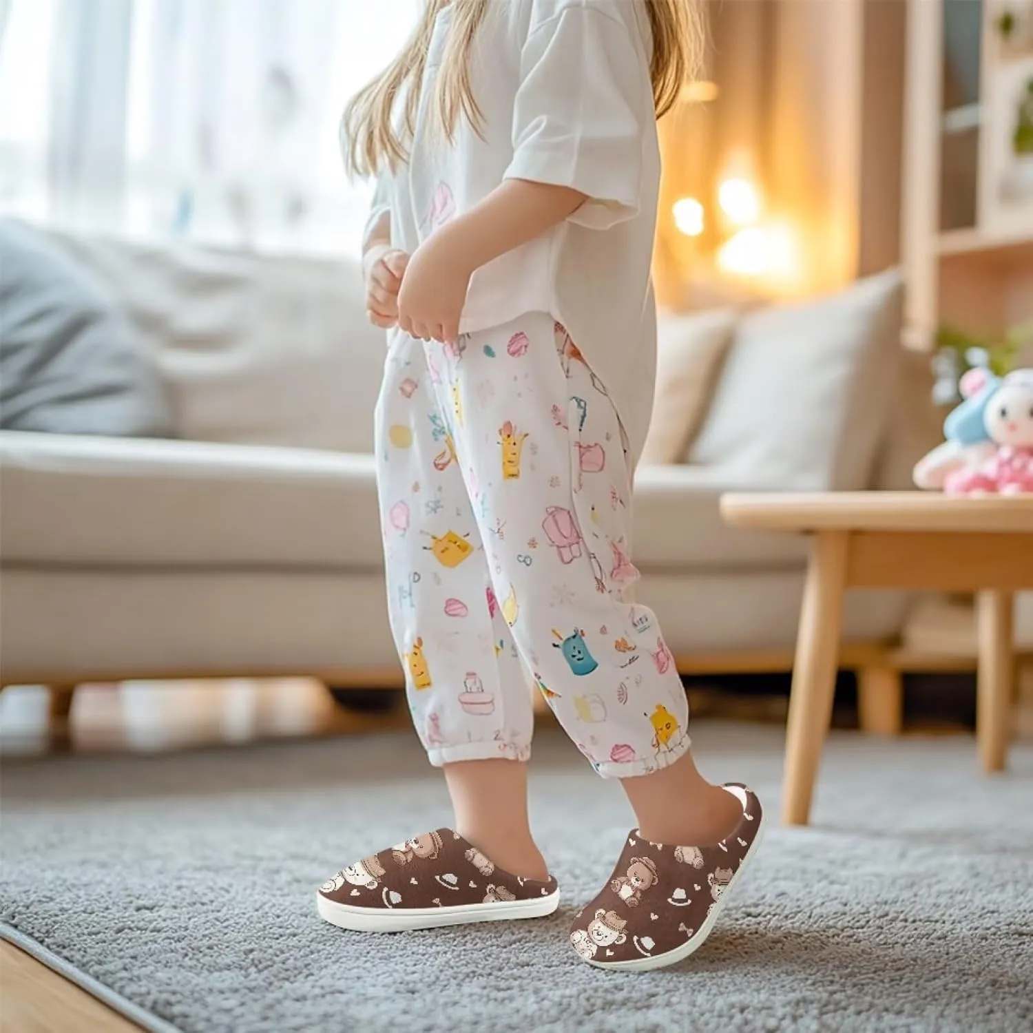 Girls Plush House Slippers Fluffy Cute Slippers Slip-on Shoes Winter Indoor Non-slip Rubber Sole Slipper for Kids
