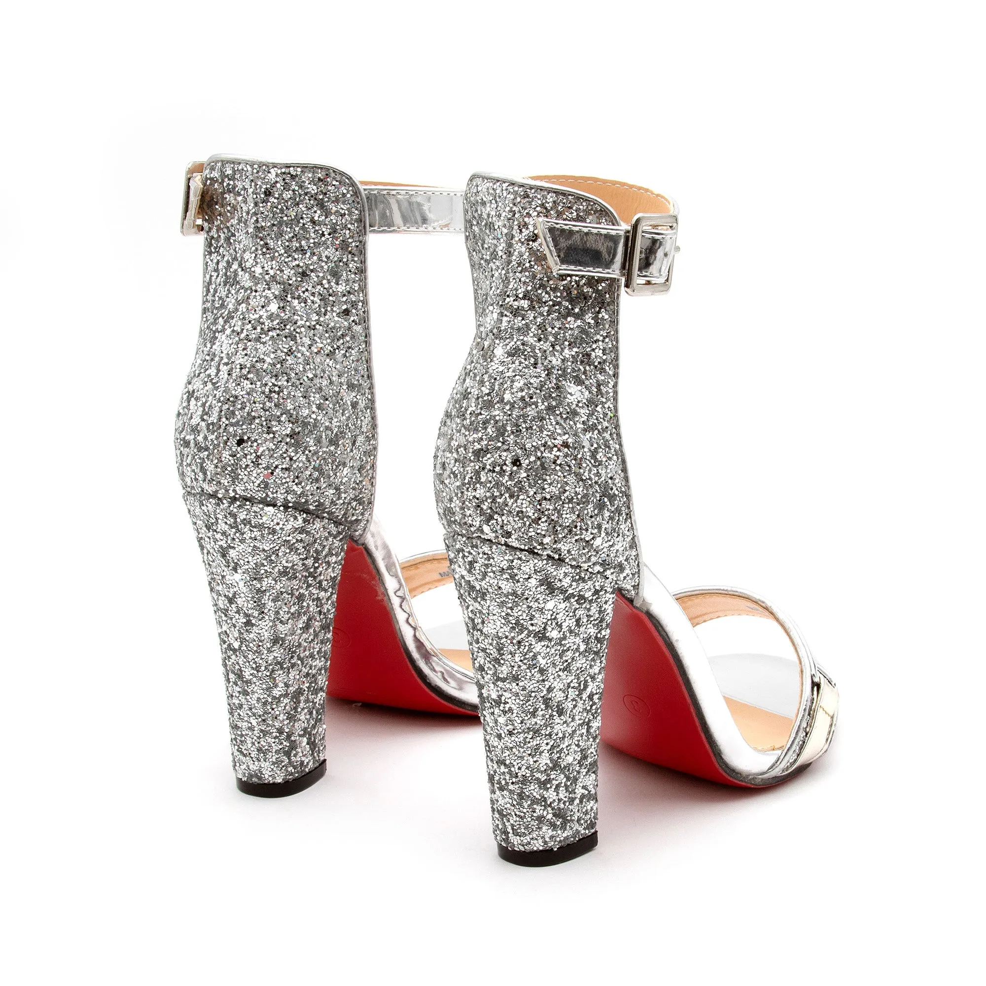 Glitter Ankle Strap Heel Sandal.