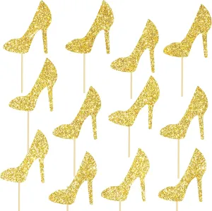 Glitter Gold High Heel Ccenterpiece Sticks Birthday Party Wedding Party Suppliesns 12PCS Stiletto Heels Table Toppers Shoes Table Decorations for Women Bachelorette Party Decor