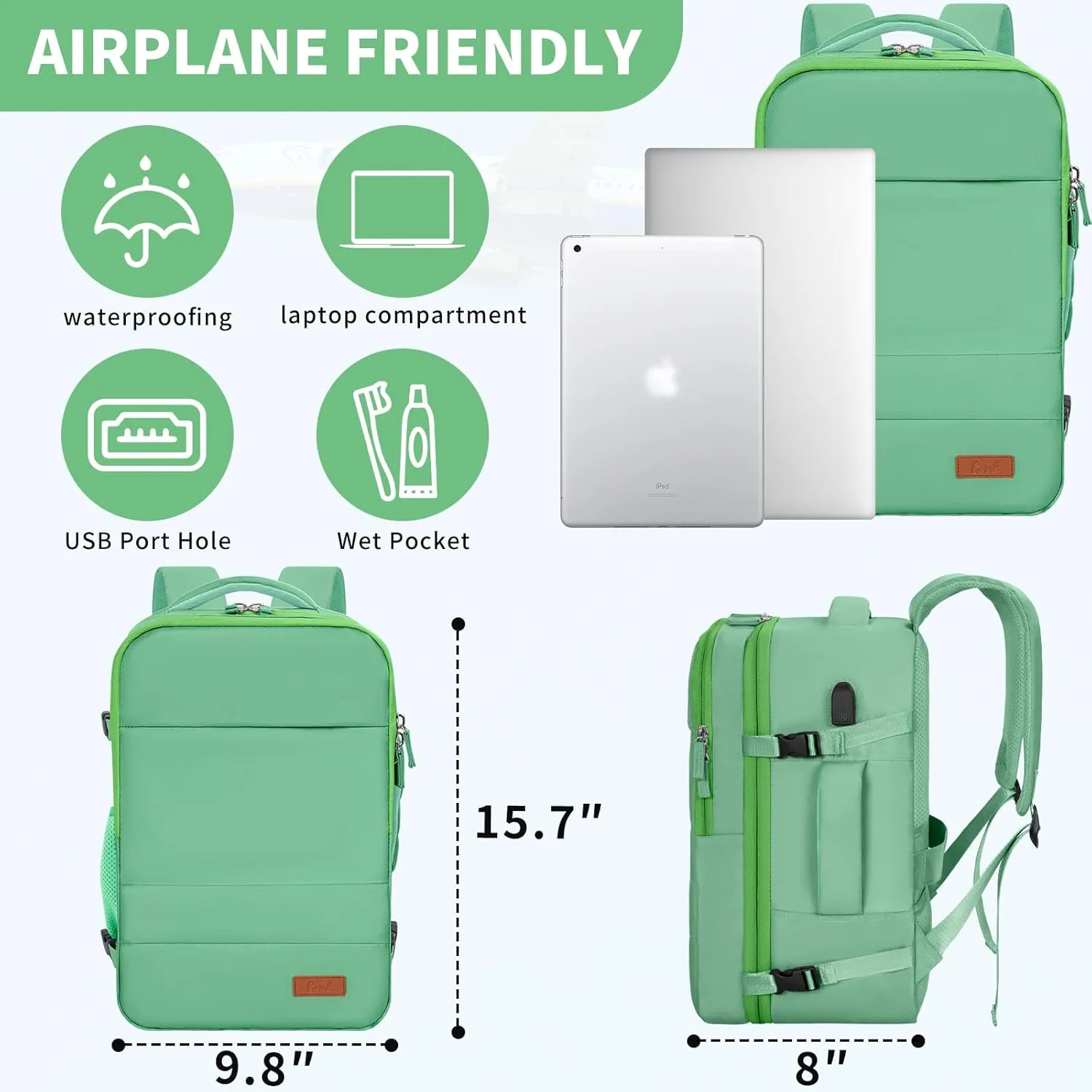 GMAK Travel Backpack for Men Women, Carry on Backpack with USB Charging Port, 15.6 inch Laptop Backpack Lightweight Cabin Bag Casual Daypack 20L Luggage Bags for College, Business, Travel, Green