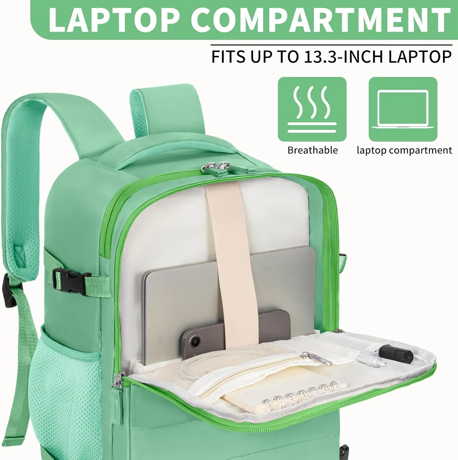 GMAK Travel Backpack for Men Women, Carry on Backpack with USB Charging Port, 15.6 inch Laptop Backpack Lightweight Cabin Bag Casual Daypack 20L Luggage Bags for College, Business, Travel, Green