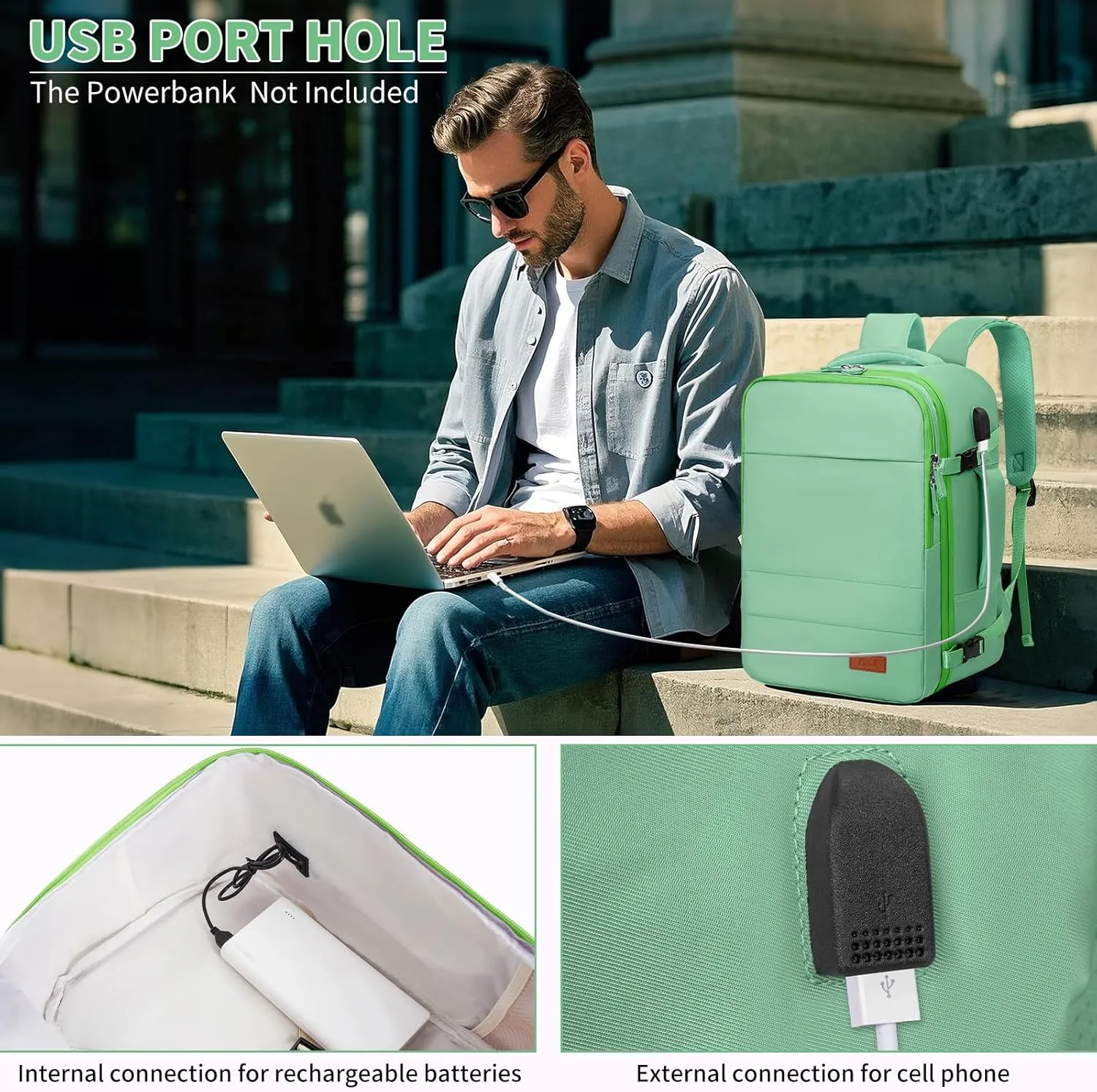 GMAK Travel Backpack for Men Women, Carry on Backpack with USB Charging Port, 15.6 inch Laptop Backpack Lightweight Cabin Bag Casual Daypack 20L Luggage Bags for College, Business, Travel, Green