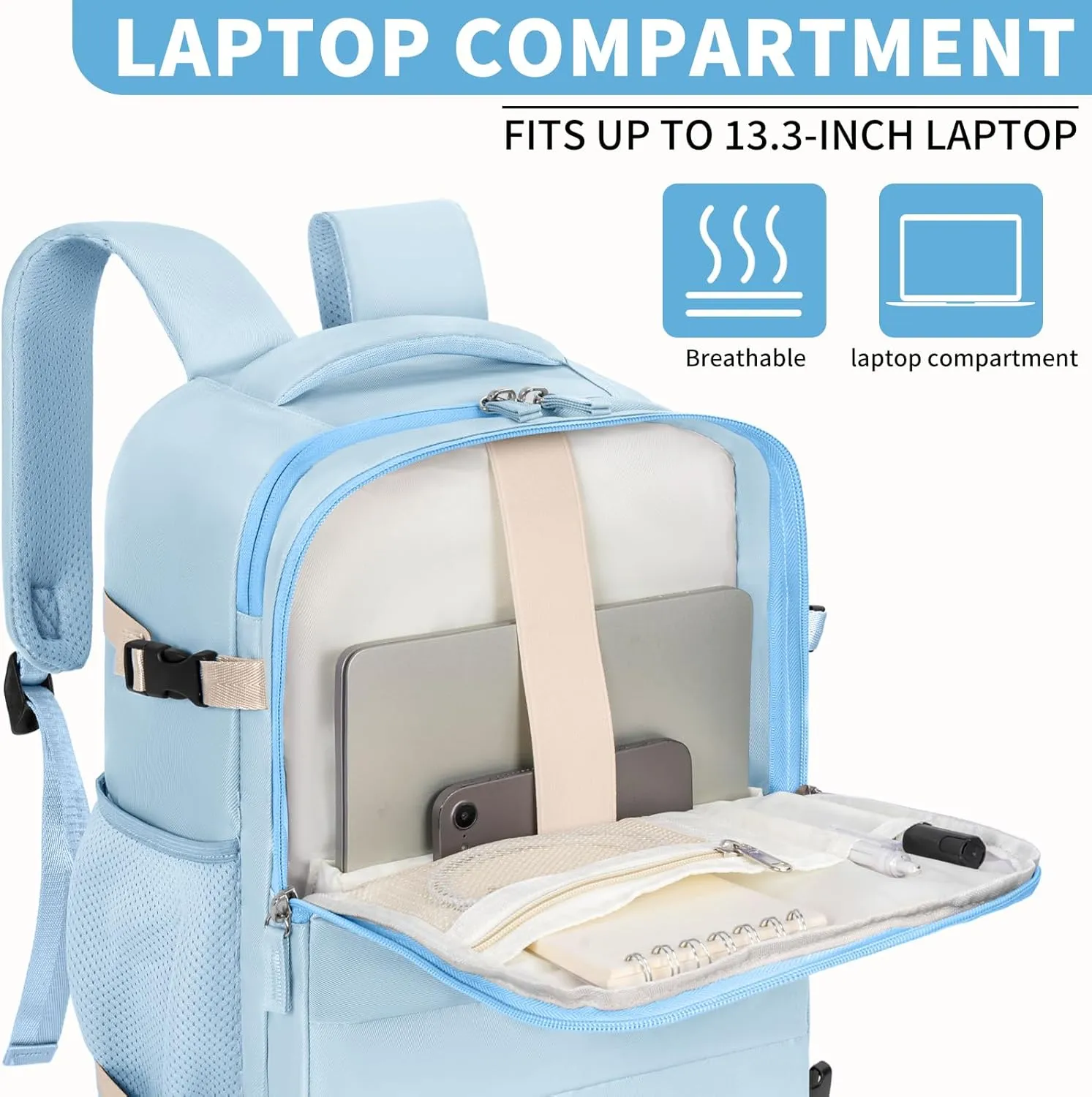 GMAK Travel Backpack for Men Women, Carry on Backpack with USB Charging Port, 15.6 inch Laptop Backpack Lightweight Cabin Bag Casual Daypack 20L Luggage Bags for College, Business, Travel, Light Blue