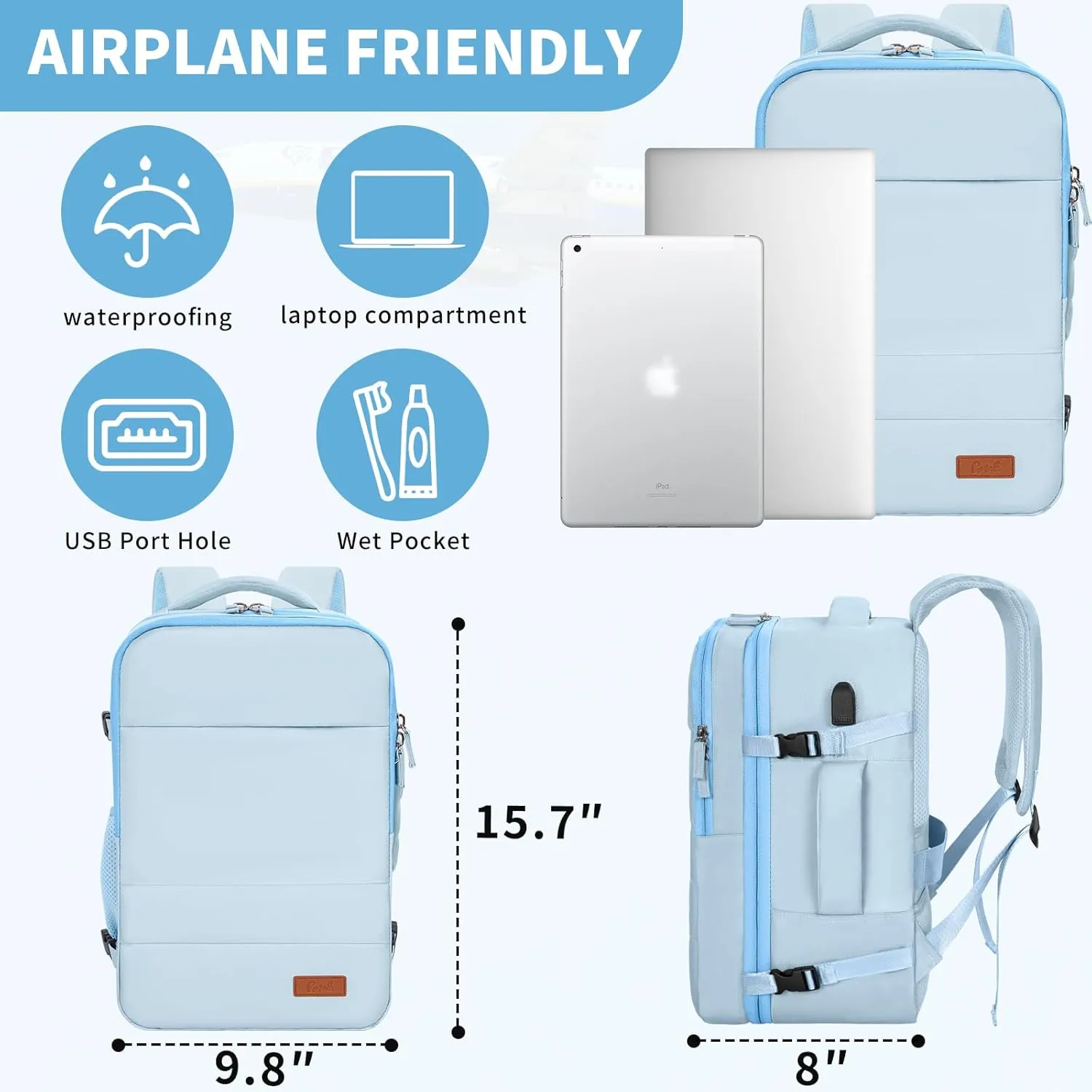 GMAK Travel Backpack for Men Women, Carry on Backpack with USB Charging Port, 15.6 inch Laptop Backpack Lightweight Cabin Bag Casual Daypack 20L Luggage Bags for College, Business, Travel, Light Blue