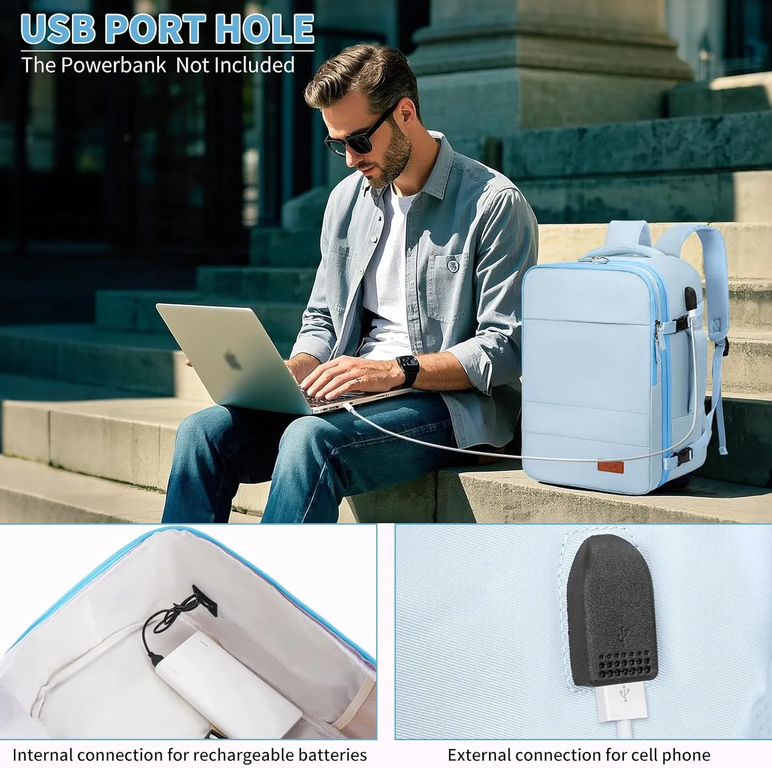 GMAK Travel Backpack for Men Women, Carry on Backpack with USB Charging Port, 15.6 inch Laptop Backpack Lightweight Cabin Bag Casual Daypack 20L Luggage Bags for College, Business, Travel, Light Blue