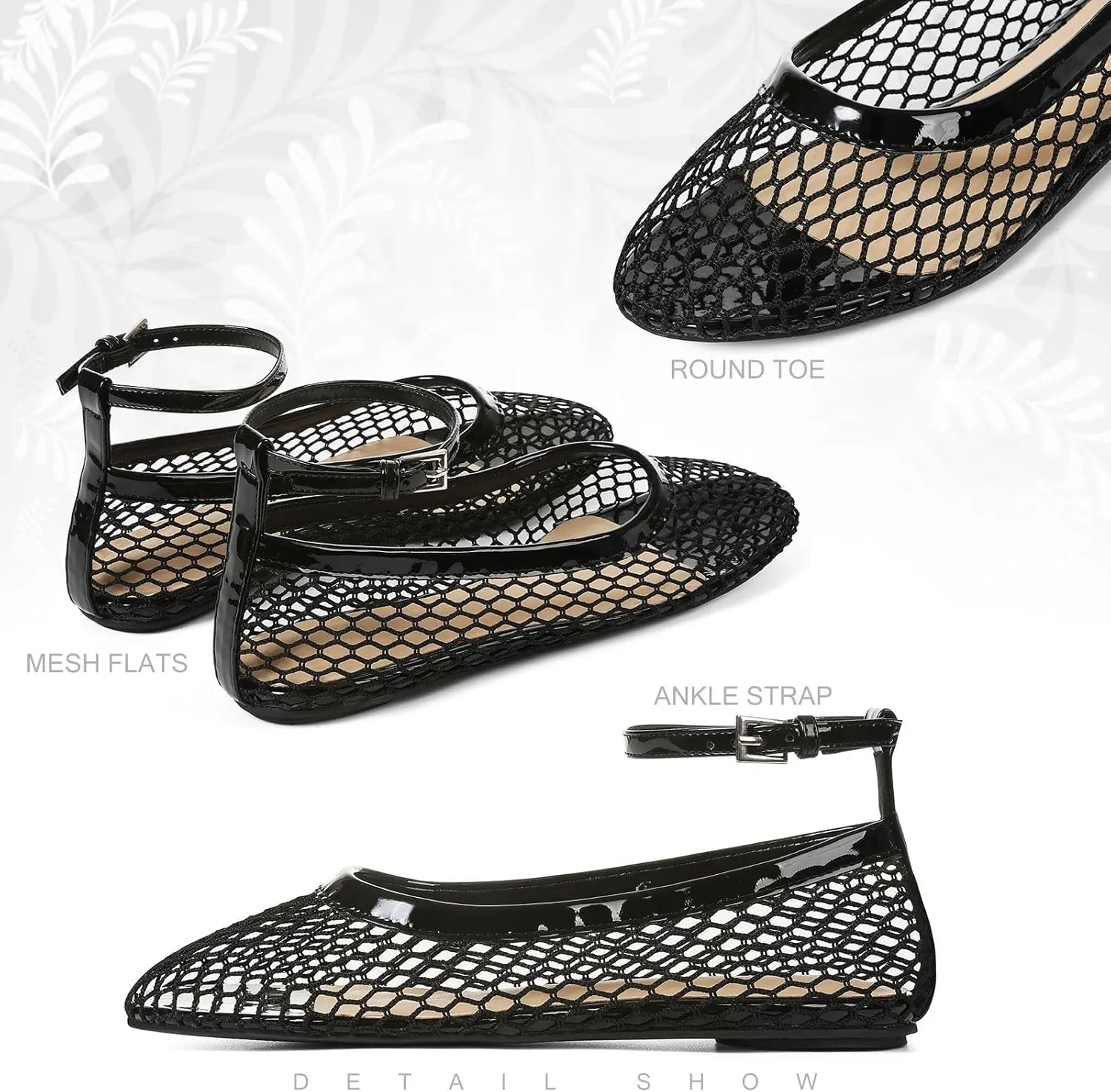Goiphrri Ballet Flats Shoes for Women Dressy Comfortable Ankle Strap Mesh Ballet Flats for Women Round Toe Ballerina Flats for Women Summer Casual Daily Dress Mesh Flats Shoes
