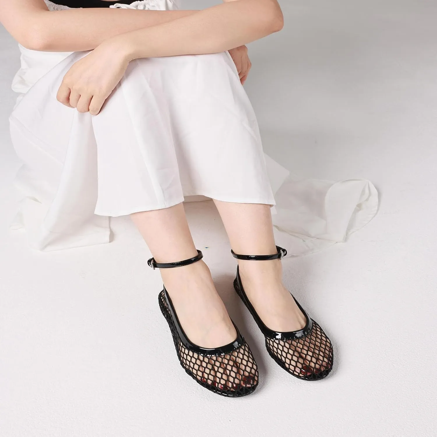 Goiphrri Ballet Flats Shoes for Women Dressy Comfortable Ankle Strap Mesh Ballet Flats for Women Round Toe Ballerina Flats for Women Summer Casual Daily Dress Mesh Flats Shoes