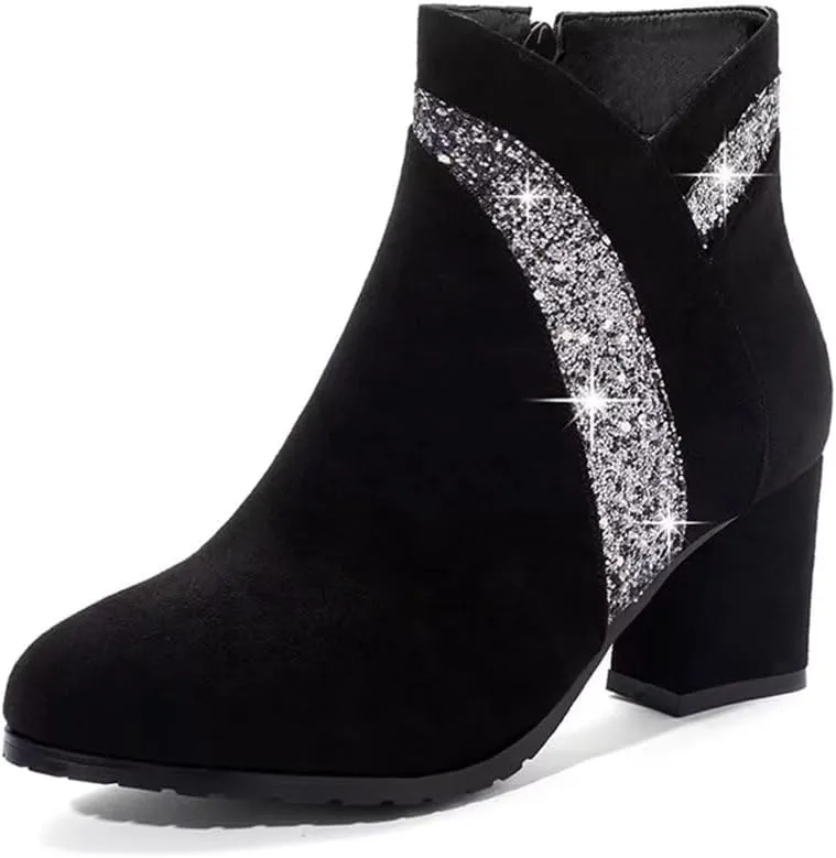 gongxifacai Woman Fashion Block Chunky Heel Ankle Booties Round Toe Side Zipper Dress Boots