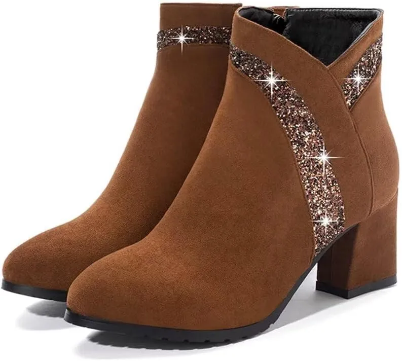 gongxifacai Woman Fashion Block Chunky Heel Ankle Booties Round Toe Side Zipper Dress Boots