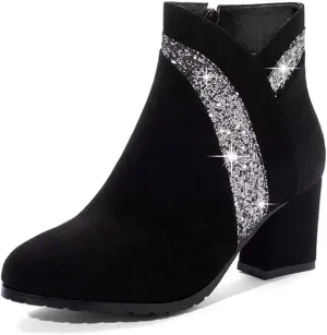 gongxifacai Woman Fashion Block Chunky Heel Ankle Booties Round Toe Side Zipper Dress Boots