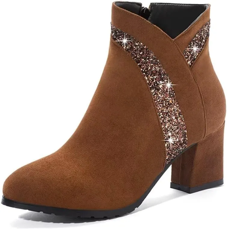 gongxifacai Woman Fashion Block Chunky Heel Ankle Booties Round Toe Side Zipper Dress Boots