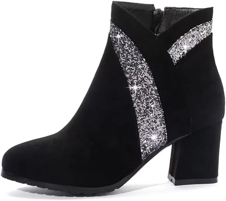 gongxifacai Woman Fashion Block Chunky Heel Ankle Booties Round Toe Side Zipper Dress Boots