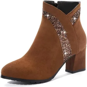 gongxifacai Woman Fashion Block Chunky Heel Ankle Booties Round Toe Side Zipper Dress Boots