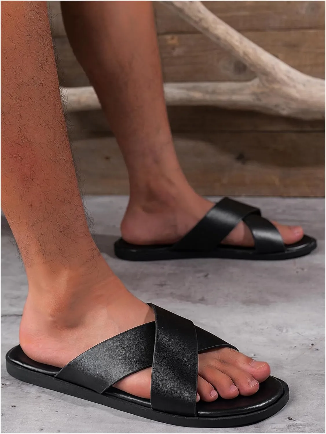 GORGLITTER Men's Summer Beach Leather Sandals Footwear Criss Cross Pu Leather Slide Slippers