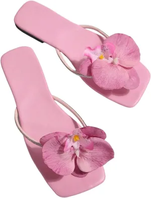 GORGLITTER Women's 3D Flower Sandals Dressy Criss Cross Floral Flat Sandals Square Open Toe Summer Beach Sandals