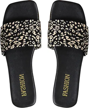 GORGLITTER Women's Leopard Print Flat Sandals Cheetah Open Toe Summer Vacation Slide Sandal