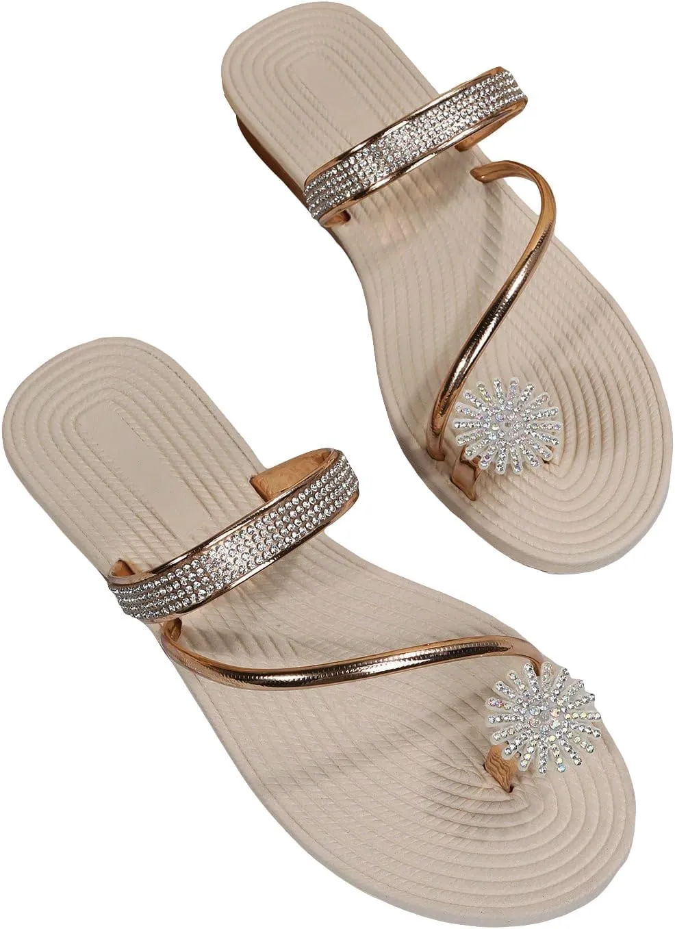 GORGLITTER Women's Rhinestone Glitter Outdoors Flat Sandals Toe Ring Slip on Open Toe Slide Sandals